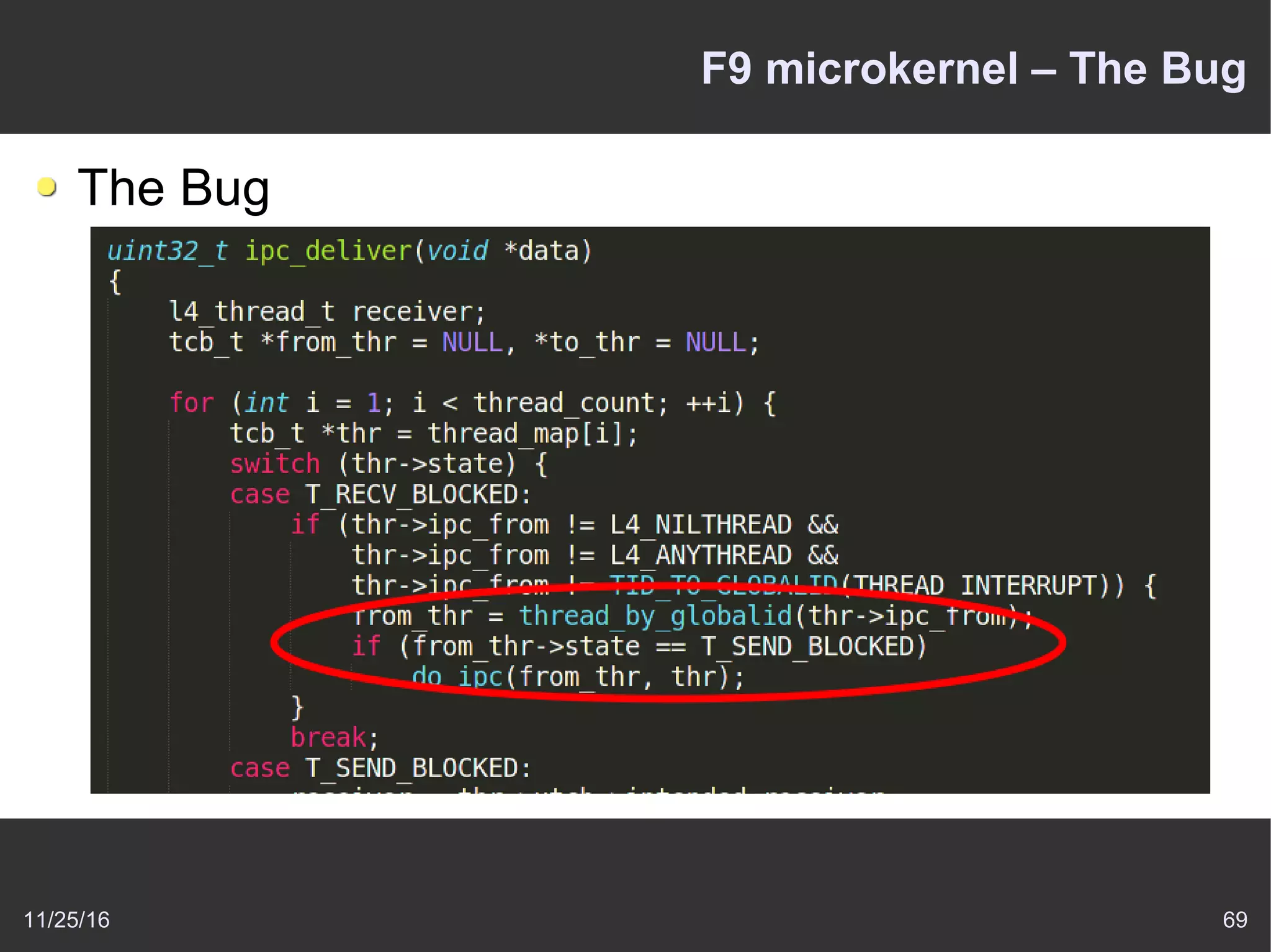 11/25/16 69
F9 microkernel – The Bug
The Bug
 