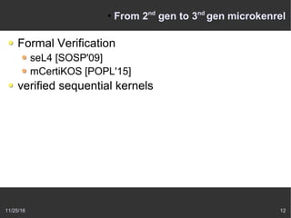 11/25/16 12
●
From 2nd
gen to 3nd
gen microkenrel
Formal Verification
seL4 [SOSP'09]
mCertiKOS [POPL'15]
verified sequential kernels
 