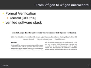 11/25/16 13
●
From 2nd
gen to 3nd
gen microkenrel
Formal Verification
Ironcald [OSDI'14]
verified software stack
 