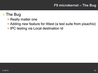 11/25/16 63
F9 microkernel – The Bug
The Bug
Really matter one
Adding new feature for l4test (a test suite from pisachio)
IPC testing via Local destination Id
 