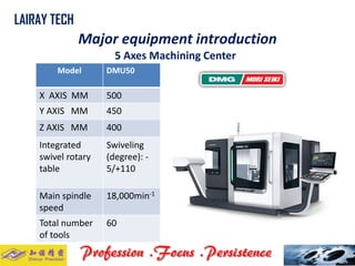 Model 
DMU50 
XAXIS MM 
500 
Y AXIS MM 
450 
Z AXIS MM 
400 
Integrated swivel rotary table 
Swiveling(degree): - 5/+110 
Main spindle speed 
18,000min-1 
Total number of tools 
60 
LAIRAY TECH.. 
Major equipment introduction 
5 Axes Machining Center  