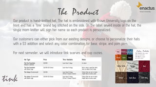 The Product
23
Our product is hand-knitted hat. The hat is embroidered with Brown University logo on the
front and has a “tink” brand tag stitched on the side. On the label sewed inside of the hat, the
single mom knitter will sign her name so each product is personalized.
Our customers can either pick from our existing designs, or choose to personalize their hats
with a $3 addition and select any color combination for base, stripe, and pom pom.
For next semester, we will introduce tink scarves and cup cozies.
 