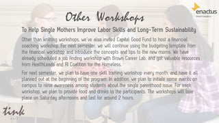 30
Other than knitting workshops, we’ve also invited Capital Good Fund to host a financial
coaching workshop. For next semester, we will continue using the budgeting template from
the financial workshop and introduce the concepts and tips to the new moms. We have
already scheduled a job finding workshop with Brown Career Lab, and got valuable resources
from HealthLeads and RI Coalition for the Homeless.
For next semester, we plan to have one skill training workshop every month, and have it all
planned out at the beginning of the program. In addition, we plan to initiate some events on
campus to raise awareness among students about the single parenthood issue. For each
workshop, we plan to provide food and drinks to the participants. The workshops will take
place on Saturday afternoons and last for around 2 hours.
Other Workshops
To Help Single Mothers Improve Labor Skills and Long-Term Sustainability
 