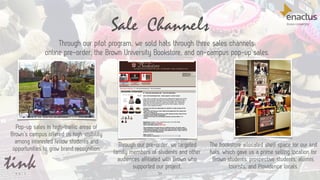 Sale Channels
34
Through our pilot program, we sold hats through three sales channels:
online pre-order, the Brown University Bookstore, and on-campus pop-up sales.
The bookstore allocated shelf space for our knit
hats, which gave us a prime selling location for
Brown students, prospective students, alumni,
tourists, and Providence locals.
Through our pre-order, we targeted
family members of students and other
audiences affiliated with Brown who
supported our project.
Pop-up sales in high-traffic areas of
Brown’s campus offered us high visibility
among interested fellow students and
opportunities to grow brand recognition.
 