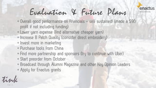 Evaluation & Future Plans
44
• Overall good performance on financials - self sustained! (made a $90
profit if not including funding)
• Lower yarn expense (find alternative cheaper yarn)
• Increase B Patch Quality (consider direct embroidery)
• Invest more in marketing
• Purchase tools from China
• Find more partnership and sponsors (try to continue with Uber)
• Start preorder from October
• Broadcast through Alumni Magazine and other Key Opinion Leaders
• Apply for Enactus grants
 