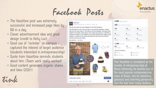 Facebook Posts
56
• The Hazeltine post was extremely
successful and increased page likes by
50 in a day.
• Clever advertisement idea and great
design (credit to Kelly Luc).
• Good use of “rockstar” on campus -
captured the interest of target audience
(students interested in entrepreneurship)
• Quote from Hazeltine reminds students
about him. (Team work really worked)
• Good content generates organic shares
and likes (200+)
Prof. Hazeltine is considered as the
founder of entrepreneurship at
Brown University. He teaches one of
the most popular entrepreneurship
class at Brown, and his extremely
generous and charming personality
won the love from many students.
 