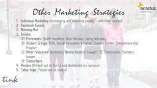 Other Marketing Strategies
58
1. Individual Marketing (messaging and emailing people - with their names!)
2. Facebook Events
2. Morning Mail
3. Emails:
1) Professors: Barett Hazeltine, Alan Harlam, Danny Warshay
2) Student Groups: BSA, Social Innovation Initiative, Swearer Center, Entrepreneurship
Program
3) Other resources: Bookstore; Neville Bedford (lawyer); SE Greenhouse; Founders
League
4) Subscribers
4. Posters (Printed out at Sci-Li and distributed on campus)
5. Table-slips (Found not as useful)
 