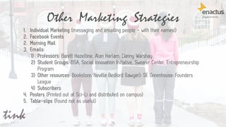 Other Marketing Strategies
58
1. Individual Marketing (messaging and emailing people - with their names!)
2. Facebook Even...