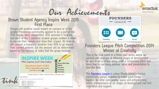 62
Brown Student Agency Inspire Week 2015
First Place
Founders League Pitch Competition 2014
Winner of Creativity
Groups w...