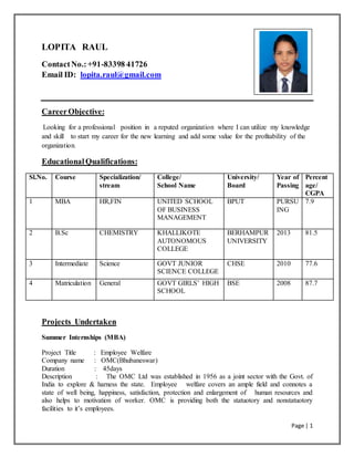 Page | 1
LOPITA RAUL
ContactNo.:+91-83398 41726
Email ID: lopita.raul@gmail.com
CareerObjective:
Looking for a professional position in a reputed organization where I can utilize my knowledge
and skill to start my career for the new learning and add some value for the profitability of the
organization.
EducationalQualifications:
Sl.No. Course Specialization/
stream
College/
School Name
University/
Board
Year of
Passing
Percent
age/
CGPA
1 MBA HR,FIN UNITED SCHOOL
OF BUSINESS
MANAGEMENT
BPUT PURSU
ING
7.9
2 B.Sc CHEMISTRY KHALLIKOTE
AUTONOMOUS
COLLEGE
BERHAMPUR
UNIVERSITY
2013 81.5
3 Intermediate Science GOVT JUNIOR
SCIENCE COLLEGE
CHSE 2010 77.6
4 Matriculation General GOVT GIRLS’ HIGH
SCHOOL
BSE 2008 87.7
Projects Undertaken
Summer Internships (MBA)
Project Title : Employee Welfare
Company name : OMC(Bhubaneswar)
Duration : 45days
Description : The OMC Ltd was established in 1956 as a joint sector with the Govt. of
India to explore & harness the state. Employee welfare covers an ample field and connotes a
state of well being, happiness, satisfaction, protection and enlargement of human resources and
also helps to motivation of worker. OMC is providing both the statuotory and nonstatuotory
facilities to it’s employees.
 
