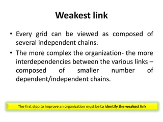 Weakest link
• Every grid can be viewed as composed of
several independent chains.
• The more complex the organization- the more
interdependencies between the various links –
composed of smaller number of
dependent/independent chains.
The first step to improve an organization must be to identify the weakest link
 