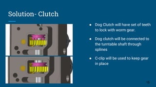 Solution- Clutch
Picture of how the dog-clutch will look like
● Dog Clutch will have set of teeth
to lock with worm gear.
● Dog clutch will be connected to
the turntable shaft through
splines
● C-clip will be used to keep gear
in place
15
 