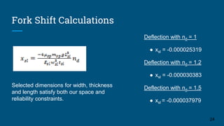 Fork Shift Calculations
Deflection with nd = 1
● xsl = -0.000025319
Deflection with nd = 1.2
● xsl = -0.000030383
Deflection with nd = 1.5
● xsl = -0.000037979
24
Selected dimensions for width, thickness
and length satisfy both our space and
reliability constraints.
 