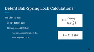 We plan to use:
3/16” detent ball
Spring rate=20.3lb/in
max compressed length = 0.5in
initial length of 15/16”
26
Detent Ball-Spring Lock Calculations
 