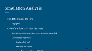 Simulation Analysis
The deflection of the fork
Negligible
Area of the fork shift near the shaft
Area will experience the most stress and wear on the fork
Maintenance discretion:
Replace fork shift
Machine the cracks
28
 