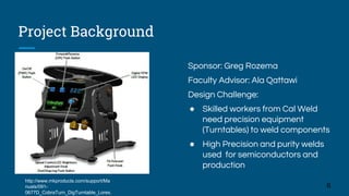Project Background
Sponsor: Greg Rozema
Faculty Advisor: Ala Qattawi
Design Challenge:
● Skilled workers from Cal Weld
need precision equipment
(Turntables) to weld components
● High Precision and purity welds
used for semiconductors and
production
6
http://www.mkproducts.com/support/Ma
nuals/091-
0677D_CobraTurn_DigTurntable_Lores.
 