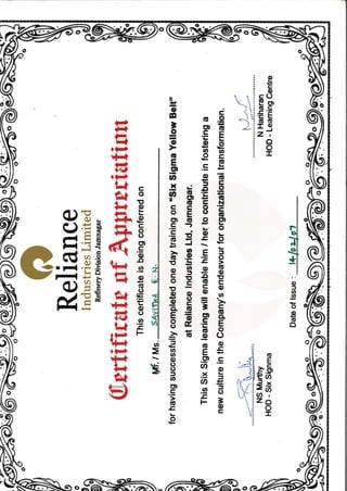 Reliance Industries Limited Six sigma certificate