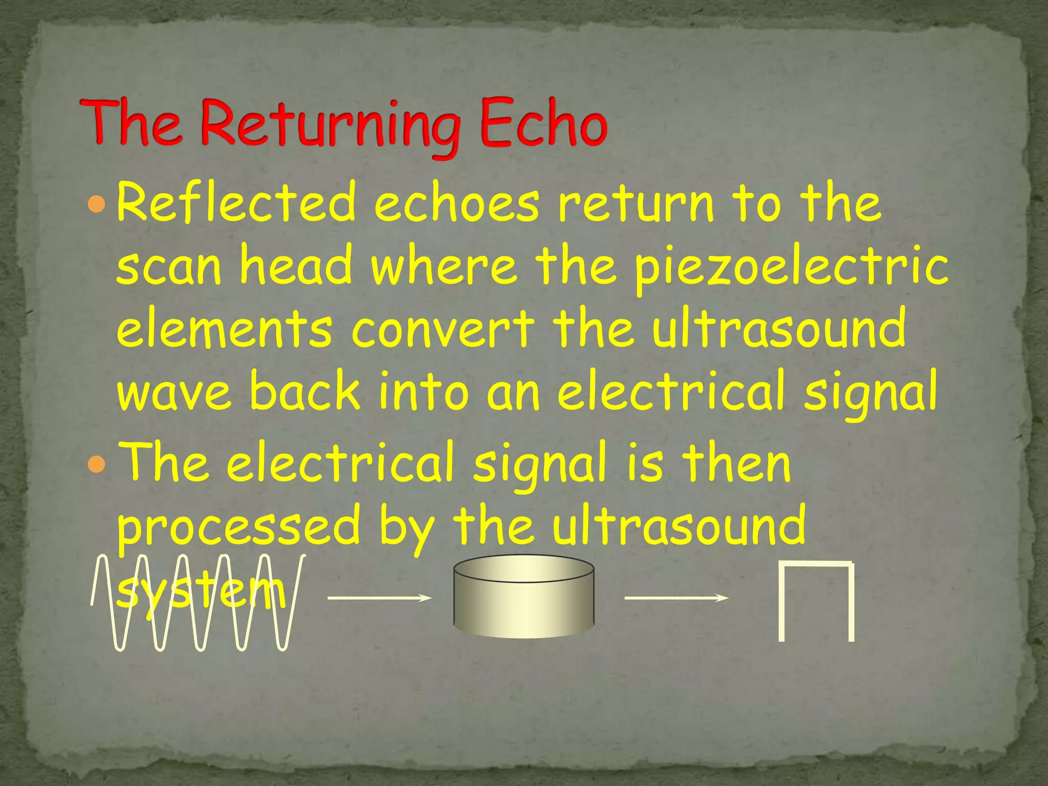  Reflected echoes return to the
  scan head where the piezoelectric
  elements convert the ultrasound
  wave back into an electrical signal
 The electrical signal is then
  processed by the ultrasound
  system
 