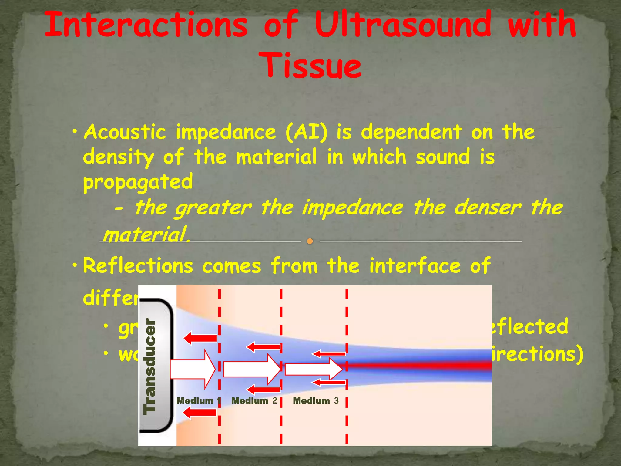 Interactions of Ultrasound with
             Tissue
 • Acoustic impedance (AI) is dependent on the
   density of the material in which sound is
   propagated
     - the greater the impedance the denser the
    material.
 • Reflections comes from the interface of
  different AI‟s
    • greater  of the AI = more signal reflected
       Transducer




    • works both ways (send and receive directions)

                    Medium 1   Medium 2   Medium 3
 