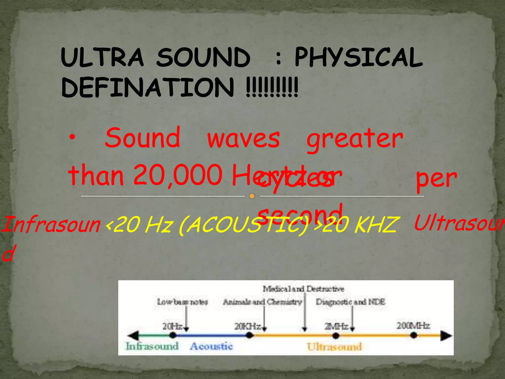 ULTRA SOUND : PHYSICAL
     DEFINATION !!!!!!!!!
      • Sound waves greater
      than 20,000 Hertz or
                       cycles       per
                       second
Infrasoun <20 Hz (ACOUSTIC) >20 KHZ Ultrasoun
d
 