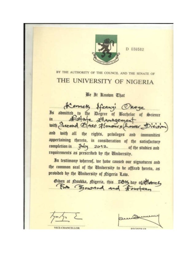 UNN B.SC ESTATE MANAGEMENT DEGREE CERTIFICATE