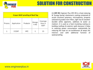 www.engineerplus.in
SOLUTION FOR CONSTRUCTION
(1) HPC 99: Engineer Plus HPC-99 is a heat reducing
& ‘Energy Saving’ elastomeric coating composed of
acrylic emulsion polymers, microspheres, properly
selected & graded inert fillers, light fast & weather
durable white pigments, additives & water as
medium. It is used as a heat insulating coating on
building rooftops & exterior walls because it helps
in reducing power consumption substantially by
reducing the load on air-conditioners & keeps the
interiors cool with additional function of
waterproofing.
 