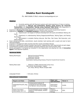 Shobha Rani Kondapalli
Ph.: 8867530689; E-Mail: shobarani.kondapalli@gmail.com
PROFILE
● Currently working with ACI Payment systems with total experience of 3.4yrs in testing.
● Experience in Manual and Automation Testing using Groovy for Financial
Transactions and Automation Testing using Selenium Web driver and Experience in
coding/scripting using Selenium Java, running scripts and fixing the failures.
● Expertise in Banking Payments domain(Account Transfers and Payment System/Card System)
● Experience in ISO8583 and ISO20022 protocol in Financial Transactions
● Experienced in all stages of Software Development Life Cycle and Software Testing Life
Cycle.
● Experience in understanding Testing Stages/Levels/Phases, Testing Types, and Testing
Techniques.
● Participated in complete Testing Lifecycle, Test Plan, Test Cases, Test Execution, and
Defect Report.
● Good interpersonal skills, commitment, result oriented, hard working with a quest and zeal to learn
new technologies.
● Involved in management (QA) activities like Peer review and Defect Review.
● Proficient in performing reviews of project documents, mapping them with requirements at each stage.
● Comprehensive problem solving abilities and good analytical and communication skills.
● Active participation in bringing up Innovation in the organization and playing the role of Innovation
Agent in ACI Payment Systems.
Technical Skills:
Testing Techniques : Manual Functional Testing,
Regression testing,
UI Automation Testing,
Automation testing using Groovy (Payment System/Card System).
Testing Tools Used : Selenium, STING (Internal tool) using Linux.
Silk central, Sql developer, Cygwin
Jira, Putty, Winscp, Maven, Eclipse (IDE)
Languages Known : Core Java, Groovy
Educational Credentials:
Degree and Date Institute
Major and
Specialization
Marks %
Integrated M.sc[IT], Aug,
2012
Vivekananda Institute Of
Engineering And Technology
For Women, Anna University
Information
Technology
91.8%
Higher Secondary
Examination (10 + 2)
Umamaheswara Junior College,
Board of Intermediate, Andhra
Pradesh
Physics ,
Chemistry &
Biology
92%
 
