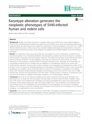 RESEARCH Open Access
Karyotype alteration generates the
neoplastic phenotypes of SV40-infected
human and rodent cells
Mathew Bloomfield and Peter Duesberg*
Abstract
Background: Despite over 50 years of research, it remains unclear how the DNA tumor viruses SV40 and Polyoma
cause cancers. Prevailing theories hold that virus-coded Tumor (T)-antigens cause cancer by inactivating cellular tumor
suppressor genes. But these theories don’t explain four characteristics of viral carcinogenesis: (1) less than one in 10,000
infected cells become cancer cells, (2) cancers have complex individual phenotypes and transcriptomes, (3) recurrent
tumors without viral DNA and proteins, (4) preneoplastic aneuploidies and immortal neoplastic clones with individual
karyotypes.
Results: As an alternative theory we propose that viral carcinogenesis is a form of speciation, initiated by virus-
induced aneuploidy. Since aneuploidy destabilizes the karyotype by unbalancing thousands of genes it catalyzes
chain reactions of karyotypic and transcriptomic evolutions. Eventually rare karyotypes evolve that encode cancer-
specific autonomy of growth. The low probability of forming new autonomous cancer-species by random
karyotypic and transcriptomic variations predicts individual and clonal cancers. Although cancer karyotypes are
congenitally aneuploid and thus variable, they are stabilized or immortalized by selections for variants with
cancer-specific autonomy. Owing to these inherent variations cancer karyotypes are heterogeneous within clonal
margins. To test this theory we analyzed karyotypes and phenotypes of SV40-infected human, rat and mouse cells
developing into neoplastic clones. In all three systems we found (1) preneoplastic aneuploidies, (2) neoplastic
clones with individual clonal but flexible karyotypes and phenotypes, which arose from less than one in 10,000
infected cells, survived over 200 generations, but were either T-antigen positive or negative, (3) spontaneous and
drug-induced variations of neoplastic phenotypes correlating 1-to-1 with karyotypic variations.
Conclusions: Since all 14 virus-induced neoplastic clones tested contained individual clonal karyotypes and
phenotypes, we conclude that these karyotypes have generated and since maintained these neoplastic clones.
Thus SV40 causes cancer indirectly, like carcinogens, by inducing aneuploidy from which new cancer-specific
karyotypes evolve automatically at low rates. This theory explains the (1) low probability of carcinogenesis per
virus-infected cell, (2) the individuality and clonal flexibility of cancer karyotypes, (3) recurrence of neoplasias
without viral T-antigens, and (4) the individual clonal karyotypes, transcriptomes and immortality of virus-induced
neoplasias - all unexplained by current viral theories.
Keywords: Cancer-specific reproductive autonomy, Immortality, Preneoplastic aneuploidy, Individuality of cancer
phenotypes and transcriptomes, Clonal karyotypes of cancers, Speciation theory of carcinogenesis
* Correspondence: duesberg@berkeley.edu
Department of Molecular and Cell Biology, Donner Laboratory, University of
California at Berkeley, Berkeley, CA, USA
© 2015 Bloomfield and Duesberg. Open Access This article is distributed under the terms of the Creative Commons
Attribution 4.0 International License (http://creativecommons.org/licenses/by/4.0/), which permits unrestricted use, distribution,
and reproduction in any medium, provided you give appropriate credit to the original author(s) and the source, provide a link
to the Creative Commons license, and indicate if changes were made. The Creative Commons Public Domain Dedication
waiver (http://creativecommons.org/publicdomain/zero/1.0/) applies to the data made available in this article, unless otherwise
stated.
Bloomfield and Duesberg Molecular Cytogenetics (2015) 8:79
DOI 10.1186/s13039-015-0183-y
 