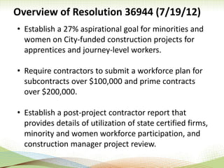 Overview of Resolution 36944 (7/19/12)
• Establish a 27% aspirational goal for minorities and
women on City-funded construction projects for
apprentices and journey-level workers.
• Require contractors to submit a workforce plan for
subcontracts over $100,000 and prime contracts
over $200,000.
• Establish a post-project contractor report that
provides details of utilization of state certified firms,
minority and women workforce participation, and
construction manager project review.
 
