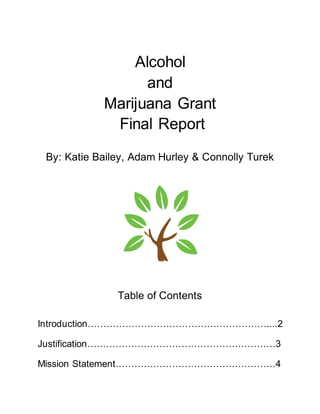 Alcohol
and
Marijuana Grant
Final Report
By: Katie Bailey, Adam Hurley & Connolly Turek
Table of Contents
Introduction…………………………………………………....2
Justification……………………………………………………3
Mission Statement……………………………………………4
 
