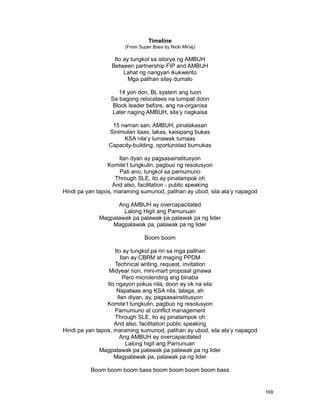 169
Timeline
(From Super Bass by Nicki Minaj)
Ito ay tungkol sa istorya ng AMBUH
Between partnership FIP and AMBUH
Lahat ng nangyari ikukwento
Mga palihan silay dumalo
14 yon don, BL system ang tuon
Sa bagong relocatees na lumipat doon
Block leader before, ang na-organisa
Later naging AMBUH, sila‟y nagkaisa
15 naman san, AMBUH, pinalakasan
Sinimulan itaas, lakas, kaisipang bukas
KSA nila‟y lumawak tumaas
Capacity-building, oportunidad bumukas
Ilan dyan ay pagsasainstitusyon
Komite‟t tungkulin, pagbuo ng resolusyon
Pati ano, tungkol sa pamumuno
Through SLE, ito ay pinatampok oh
And also, facilitation - public speaking
Hindi pa yan tapos, maraming sumunod, palihan ay ubod, sila ata‟y napagod
Ang AMBUH ay overcapacitated
Lalong Higit ang Pamunuan
Magpalawak pa palawak pa palawak pa ng lider
Magpalawak pa, palawak pa ng lider
Boom boom
Ito ay tungkol pa rin sa mga palihan
Ilan ay CBRM at maging PPDM
Technical writing, request, invitation
Midyear non, mini-mart proposal ginawa
Pero microlending ang binaba
Ito ngayon pokus nila, doon ay ok na sila
Napataas ang KSA nila, talaga, ah
Ilan diyan, ay, pagsasainstitusyon
Komite‟t tungkulin, pagbuo ng resolusyon
Pamumuno at conflict management
Through SLE, ito ay pinatampok oh
And also, facilitation public speaking
Hindi pa yan tapos, maraming sumunod, palihan ay ubod, sila ata‟y napagod
Ang AMBUH ay overcapacitated
Lalong higit ang Pamunuan
Magpalawak pa palawak pa palawak pa ng lider
Magpalawak pa, palawak pa ng lider
Boom boom boom bass boom boom boom boom bass
 