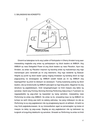 17
V. BALANGKAS NA KONSEPTO
Ginamit sa balangkas na ito ang Ladder of Participation ni Sherry Arnstein kung saan
masasabing magkaiba ang antas ng partisipasyon ng block leaders at AMBUH. Ang
AMBUH ay nasa Delegated Power at ang block leaders ay nasa Placation. Ayon kay
Arnstein, sa antas ng Placation mayroon ng kaunting antas ng impluwensya ang mga
mamamayan pero nananatili pa rin ang tokenismo. Ang mga residente ng Bulacan
Heights ay pumili ng block leader upang maging kinatawan ng kanilang block sa mga
pagpupulong na isinasagawa ng AMBUH subalit hawak pa rin ng AMBUH ang
kapangyarihan ng pinal na desisyon sa asosasyon. Tuwing buwanang pulong ng block
leaders, sila ay kinokonsulta ng AMBUH patungkol sa mga ilang plano. Bagaman ito ang
istruktura ng pagdedesisyon, hindi nangangahulugan na hindi maayos ang takbo ng
samahan. Gamit ang Forming Storming Norming Performing Adjourning ni Tuckmann na
nagpapakakita ng pag-unlad ng kapasidad ng isang samahan, masasabing nasa
Performing na antas ang AMBUH. Sa antas na ito, sinasabing kaya na ng AMBUH na
tumayo sa sarili nitong paa kahit na walang patnubay. Isa pang indikasyon na sila ay
Performing na ay ang pagkakaroon nila ng pinagkaisang layunin at adhikain. At kahit na
may hindi pagkakakunawaan, ito ay nireresolbahan agad sa pamamagitan ng bukas at
maayos na daloy ng pag-uusap. Dagdag pa ang pagkakaroon nila ng kalinawan ng
tungkulin at tunguhing tatakbuhin ng samahan. Sinasabi sa Performing na antas na hindi
 