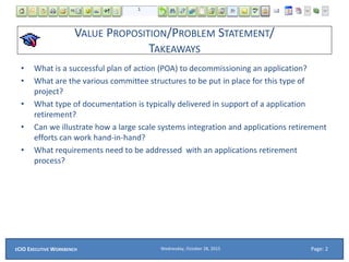 VALUE PROPOSITION/PROBLEM STATEMENT/
TAKEAWAYS
• What is a successful plan of action (POA) to decommissioning an application?
• What are the various committee structures to be put in place for this type of
project?
• What type of documentation is typically delivered in support of a application
retirement?
• Can we illustrate how a large scale systems integration and applications retirement
efforts can work hand-in-hand?
• What requirements need to be addressed with an applications retirement
process?
Wednesday, October 28, 2015ECIO EXECUTIVE WORKBENCH Page: 2
 