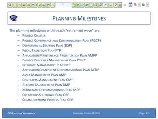 PLANNING MILESTONES
The planning milestones within each “retirement wave” are:
– PROJECT CHARTER
– PROJECT GOVERNANCE AND COMMUNICATION PLAN (PGCP)
– DEPARTMENTAL STAFFING PLAN (DSP)
– FISCAL TRANSITION PLAN FTP
– APPLICATION MAINTENANCE PRIORITIZATION PLAN AMPP
– PROJECT PROCESSES MANAGEMENT PLAN PPMP
– INTERFACE MANAGEMENT PLAN IMP
– APPLICATION COMPONENT DECOMMISSIONING PLAN ACDP
– ASSET MANAGEMENT PLAN AMP
– CONTRACTS MANAGEMENT PLAN CMP
– RECORDS MANAGEMENT PLAN RMP
– MAINFRAME DECOMMISSIONING PLAN MDP
– OPERATIONS SHUTDOWN PLAN OSP
– COMMUNICATIONS PROCESS PLAN CPP
Wednesday, October 28, 2015ECIO EXECUTIVE WORKBENCH Page: 22
 