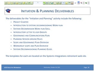 INITIATION & PLANNING DELIVERABLES
The deliverables for the “Initiation and Planning” activity include the following:
– PROJECT CHARTER
– INTRODUCTION TO SYSTEMS DECOMMISSIONING WORK PLAN
– SYSTEMS DECOMMISSION WORK PLAN SHELL
– INTRODUCTORY LETTER TO USER GROUPS
– GOVERNANCE AND COMMUNICATIONS PLAN
– PLANNING SESSION GROUND RULES
– SCOPE AND GOVERNANCE PLAN OVERVIEW
– WORKGROUP SCOPE AND PLAN OVERVIEW
– SYSTEMS DECOMMISSIONING PLANNING GUIDE.
The templates for each are located on the Systems Integrations retirement web site.
Wednesday, October 28, 2015ECIO EXECUTIVE WORKBENCH Page: 26
 
