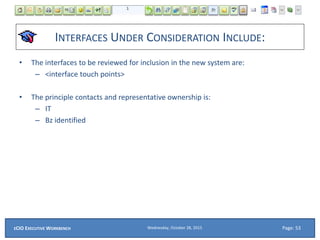 INTERFACES UNDER CONSIDERATION INCLUDE:
• The interfaces to be reviewed for inclusion in the new system are:
– <interface touch points>
• The principle contacts and representative ownership is:
– IT
– Bz identified
Wednesday, October 28, 2015ECIO EXECUTIVE WORKBENCH Page: 53
 