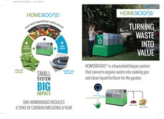 HOMEBIOGAS® is a household biogas system
that converts organic waste into cooking gas
and clean liquid fertilizer for the garden.
TURNING
WASTE
INTO
VALUE
LIQUID FERTILIUZER
BIOGAS
ORGANIC WASTE
ANIMAL WASTE
ONE HOMEBIOGAS REDUCES
6 TONS OF CARBON EMISSIONS A YEAR
SMALL
SYSTEM
BIGIMPACT
GROW FOOD
ANYWHERE
HOME
BIOGAS
GENERATE YOUR
OWN ENERGY
LIQUID
FERTILIZER
REDUCEWASTE TRANSPORTATION & LANDFILLNECESSITY
ORGANIC WASTE
HomeBioGas_Brochure_A4_COVER.pdf 1 11/12/2015 6:08:35 PM
 