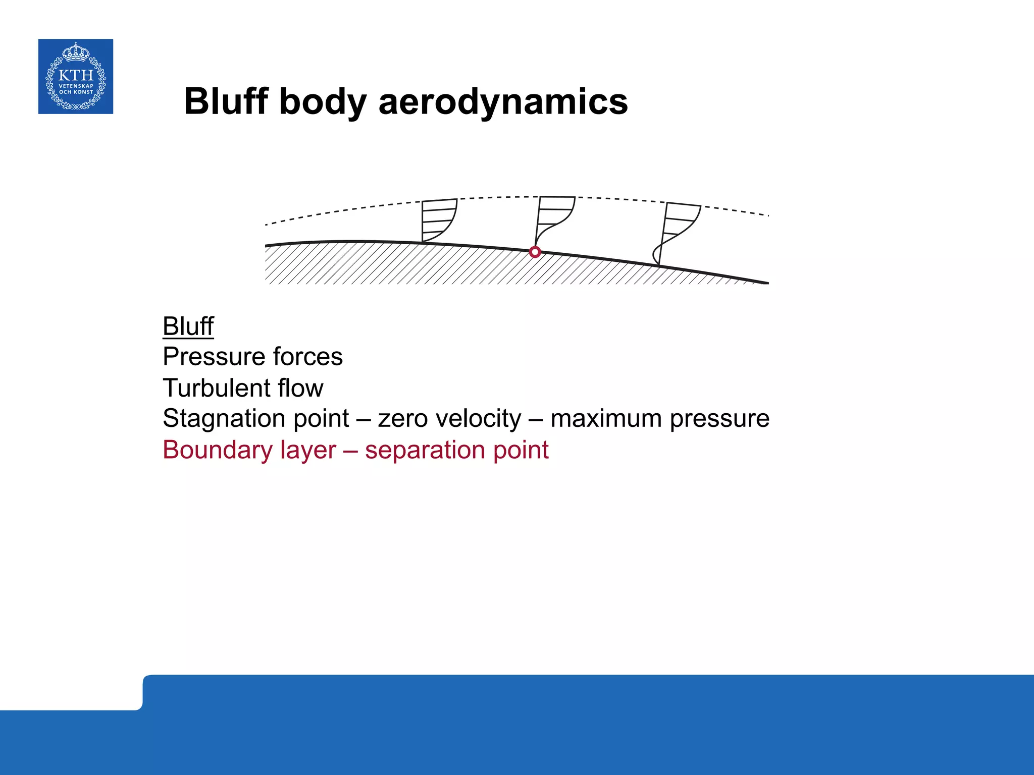 Bluff body aerodynamics
Bluff
Pressure forces
Turbulent flow
Stagnation point – zero velocity – maximum pressure
Boundary layer – separation point
 