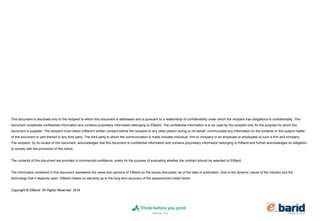 elbarid.comelbank.me
This document is disclosed only to the recipient to whom this document is addressed and is pursuant to a relationship of confidentiality under which the recipient has obligations to confidentiality. This
document constitutes confidential information and contains proprietary information belonging to ElBarid. The confidential information is to be used by the recipient only for the purpose for which this
document is supplied. The recipient must obtain ElBarid’s written consent before the recipient or any other person acting on its behalf, communicate any information on the contents or the subject matter
of this document or part thereof to any third party. The third party to whom the communication is made includes individual, firm or company or an employee or employees of such a firm and company.
The recipient, by its receipt of this document, acknowledges that this document is confidential information and contains proprietary information belonging to ElBarid and further acknowledges its obligation
to comply with the provisions of this notice.
The contents of this document are provided in commercial confidence, solely for the purpose of evaluating whether the contract should be awarded to ElBarid.
The information contained in this document represents the views and opinions of ElBarid on the issues discussed, as of the date of publication. Due to the dynamic nature of the industry and the
technology that it depends upon, ElBarid makes no warranty as to the long term accuracy of the assessments made herein.
Copyright © ElBarid. All Rights Reserved. 2016
Think before you print
 