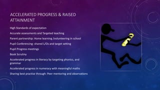 ACCELERATED PROGRESS & RAISED
ATTAINMENT
High Standards of expectation
Accurate assessments and Targeted teaching
Parent partnership: Home learning /volunteering in school
Pupil Conferencing: shared L/Os and target setting
Pupil Progress meetings
Book Scrutiny
Accelerated progress in literacy by targeting phonics, and
grammar
Accelerated progress in numeracy with meaningful maths
Sharing best practise through: Peer mentoring and observations
 