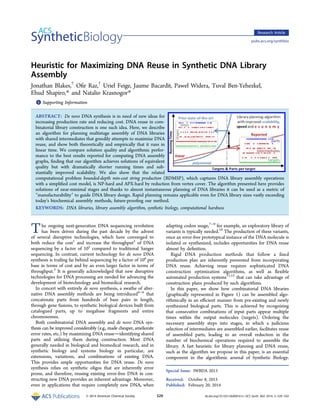 Heuristic for Maximizing DNA Reuse in Synthetic DNA Library
Assembly
Jonathan Blakes,†
Oﬁr Raz,†
Uriel Feige, Jaume Bacardit, Paweł Widera, Tuval Ben-Yehezkel,
Ehud Shapiro,* and Natalio Krasnogor*
*S Supporting Information
ABSTRACT: De novo DNA synthesis is in need of new ideas for
increasing production rate and reducing cost. DNA reuse in com-
binatorial library construction is one such idea. Here, we describe
an algorithm for planning multistage assembly of DNA libraries
with shared intermediates that greedily attempts to maximize DNA
reuse, and show both theoretically and empirically that it runs in
linear time. We compare solution quality and algorithmic perfor-
mance to the best results reported for computing DNA assembly
graphs, ﬁnding that our algorithm achieves solutions of equivalent
quality but with dramatically shorter running times and sub-
stantially improved scalability. We also show that the related
computational problem bounded-depth min-cost string production (BDMSP), which captures DNA library assembly operations
with a simpliﬁed cost model, is NP-hard and APX-hard by reduction from vertex cover. The algorithm presented here provides
solutions of near-minimal stages and thanks to almost instantaneous planning of DNA libraries it can be used as a metric of
″manufacturability″ to guide DNA library design. Rapid planning remains applicable even for DNA library sizes vastly exceeding
today’s biochemical assembly methods, future-prooﬁng our method.
KEYWORDS: DNA libraries, library assembly algorithm, synthetic biology, computational hardness
The ongoing next-generation DNA sequencing revolution
has been driven during the past decade by the advent
of several disruptive technologies, which have converged to
both reduce the cost1
and increase the throughput2
of DNA
sequencing by a factor of 105
compared to traditional Sanger
sequencing. In contrast, current technology for de novo DNA
synthesis is trailing far behind sequencing by a factor of 106
per
base in terms of cost and by an even larger factor in terms of
throughput.3
It is generally acknowledged that new disruptive
technologies for DNA processing are needed for advancing the
development of biotechnology and biomedical research.
In concert with entirely de novo synthesis, a swathe of alter-
native DNA assembly methods are being introduced4−6
that
concatenate parts from hundreds of base pairs in length,
through gene fusions, to synthetic biological devices built from
catalogued parts, up to megabase fragments and entire
chromosomes.
Both combinatorial DNA assembly and de novo DNA syn-
thesis can be improved considerably (e.g., made cheaper, ameliorate
error rates, etc.) by maximizing DNA reuseidentifying shared
parts and utilizing them during construction. Most DNA
generally needed in biological and biomedical research, and in
synthetic biology and systems biology in particular, are
extensions, variations, and combinations of existing DNA.
This provides ample opportunities for DNA reuse. De novo
synthesis relies on synthetic oligos that are inherently error
prone, and therefore, reusing existing error-free DNA in con-
structing new DNA provides an inherent advantage. Moreover,
even in applications that require completely new DNA, when
adapting codon usage,7−9
for example, an exploratory library of
variants is typically needed.10
The production of these variants,
once an error-free prototypical instance of the DNA molecule is
isolated or synthesized, includes opportunities for DNA reuse
almost by deﬁnition.
Rigid DNA production methods that follow a ﬁxed
production plan are inherently prevented from incorporating
DNA reuse. Achieving reuse requires sophisticated DNA
construction optimization algorithms, as well as ﬂexible
automated production systems11,12
that can take advantage of
construction plans produced by such algorithms.
In this paper, we show how combinatorial DNA libraries
(graphically represented in Figure 1) can be assembled algo-
rithmically in an eﬃcient manner from pre-existing and newly
synthesized biological parts. This is achieved by recognizing
that consecutive combinations of input parts appear multiple
times within the output molecules (targets). Ordering the
necessary assembly steps into stages, in which a judicious
selection of intermediates are assembled earlier, facilitates reuse
of assembled parts, leading to an overall reduction in the
number of biochemical operations required to assemble the
library. A fast heuristic for library planning and DNA reuse,
such as the algorithm we propose in this paper, is an essential
component in the algorithmic arsenal of Synthetic Biology.
Special Issue: IWBDA 2013
Received: October 8, 2013
Published: February 20, 2014
Research Article
pubs.acs.org/synthbio
© 2014 American Chemical Society 529 dx.doi.org/10.1021/sb400161v | ACS Synth. Biol. 2014, 3, 529−542
 