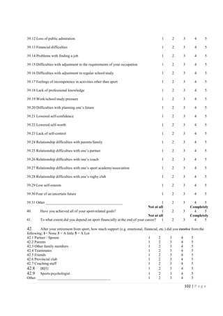 102 | P a g e
39.12 Loss of public admiration 1 2 3 4 5
39.13 Financial difficulties 1 2 3 4 5
39.14 Problems with finding a job 1 2 3 4 5
39.15 Difficulties with adjustment to the requirements of your occupation 1 2 3 4 5
39.16 Difficulties with adjustment to regular school/study 1 2 3 4 5
39.17 Feelings of incompetence in activities other than sport 1 2 3 4 5
39.18 Lack of professional knowledge 1 2 3 4 5
39.19 Work/school/study pressure 1 2 3 4 5
39.20 Difficulties with planning one’s future 1 2 3 4 5
39.21 Lowered self-confidence 1 2 3 4 5
39.22 Lowered self-worth 1 2 3 4 5
39.23 Lack of self-control 1 2 3 4 5
39.24 Relationship difficulties with parents/family 1 2 3 4 5
39.25 Relationship difficulties with one’s partner 1 2 3 4 5
39.26 Relationship difficulties with one’s coach 1 2 3 4 5
39.27 Relationship difficulties with one’s sport academy/association 1 2 3 4 5
39.28 Relationship difficulties with one’s rugby club 1 2 3 4 5
39.29 Low self-esteem 1 2 3 4 5
39.30 Fear of an uncertain future 1 2 3 4 5
39.31 Other _________________________________________ 1 2 3 4 5
Not at all Completely
40. Have you achieved all of your sport-related goals? 1 2 3 4 5
Not at all Completely
41. To what extent did you depend on sport financially at the end of your career? 1 2 3 4 5
42. After your retirement from sport, how much support (e.g. emotional, financial, etc.) did you receive from the
following; 1= None 3 = A little 5 = A Lot
42.1 Partner / Spouse 1 2 3 4 5
42.2 Parents 1 2 3 4 5
42.3 Other family members 1 2 3 4 5
42.4 Teammates 1 2 3 4 5
42.5 Friends 1 2 3 4 5
42.6 Provincial club 1 2 3 4 5
42.7 Coaching staff 1 2 3 4 5
42.8 IRFU 1 2 3 4 5
42.9 Sports psychologist 1 2 3 4 5
Other: _______________________________________ 1 2 3 4 5
 