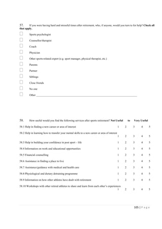 105 | P a g e
57. If you were having hard and stressful times after retirement, who, if anyone, would you turn to for help? Check all
that apply.
Sports psychologist
Counsellor/therapist
Coach
Physician
Other sports-related expert (e.g. sport manager, physical therapist, etc.)
Parents
Partner
Siblings
Close friends
No one
Other __________________________________________________________________________
58. How useful would you find the following services after sports retirement? Not Useful to Very Useful
58.1 Help in finding a new career or area of interest 1 2 3 4 5
58.2 Help in learning how to transfer your mental skills to a new career or area of interest
1 2 3 4 5
58.3 Help in building your confidence in post sport – life 1 2 3 4 5
58.4 Information on work and educational opportunities 1 2 3 4 5
58.5 Financial counselling 1 2 3 4 5
58.6 Assistance in finding a place to live 1 2 3 4 5
58.7 Assistance/guidance with medical and health care 1 2 3 4 5
58.8 Physiological and dietary detraining programme 1 2 3 4 5
58.9 Information on how other athletes have dealt with retirement 1 2 3 4 5
58.10 Workshops with other retired athletes to share and learn from each other’s experiences
1 2 3 4 5
 