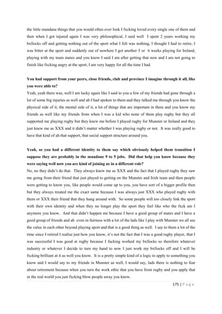 175 | P a g e
the little mundane things that you would often over look I fxcking loved every single one of them and
then when I got injured again I was very philosophical, I said well I spent 2 years working my
bxllocks off and getting nothing out of the sport what I felt was nothing, I thought I had to retire, I
was bitter at the sport and suddenly out of nowhere I got another 5 or 6 weeks playing for Ireland,
playing with my team mates and you know I said I am after getting that now and I am not going to
finish like fxcking angry at the sport, I am very happy for all the time I had.
You had support from your peers, close friends, club and province I imagine through it all, like
you were able to?
Yeah, yeah there was, well I am lucky again like I said to you a few of my friends had gone through a
lot of some big injuries as well and ah I had spoken to them and they talked me through you know the
physical side of it, the mental side of it, a lot of things that are important in there and you know my
friends as well like my friends from when I was a kid who none of them play rugby but they all
supported me playing rugby but they knew me before I played rugby for Munster or Ireland and they
just knew me as XXX and it didn’t matter whether I was playing rugby or not. It was really good to
have that kind of ah that support, that social support structure around you.
Yeah, so you had a different identity to them say which obviously helped them transition I
suppose they are probably in the mundane 9 to 5 jobs. Did that help you know because they
were saying well now you are kind of joining us in a different role?
No, no they didn’t do that. They always knew me as XXX and the fact that I played rugby they saw
me going from their friend that just played to getting on the Munster and Irish team and then people
were getting to know you, like people would come up to you, you have sort of a bigger profile then
but they always treated me the exact same because I was always just XXX who played rugby with
them or XXX their friend that they hung around with. So some people will too closely link the sport
with their own identity and when they no longer play the sport they feel like who the fxck am I
anymore you know. And that didn’t happen me because I have a good group of mates and I have a
good group of friends and ah even in fairness with a lot of the lads like I play with Munster we all see
the value in each other beyond playing sport and that is a good thing as well. I say to them a lot of the
time since I retired I realise just how you know, it’s not the fact that I was a good rugby player, that I
was successful I was good at rugby because I fucking worked my bxllocks so therefore whatever
industry or whatever I decide to turn my hand to now I just work my bxllocks off and I will be
fxcking brilliant at it as well you know. It is a pretty simple kind of a logic to apply to something you
know and I would say to my friends in Munster as well, I would say, lads there is nothing to fear
about retirement because when you turn the work ethic that you have from rugby and you apply that
in the real world you just fxcking blow people away you know.
 