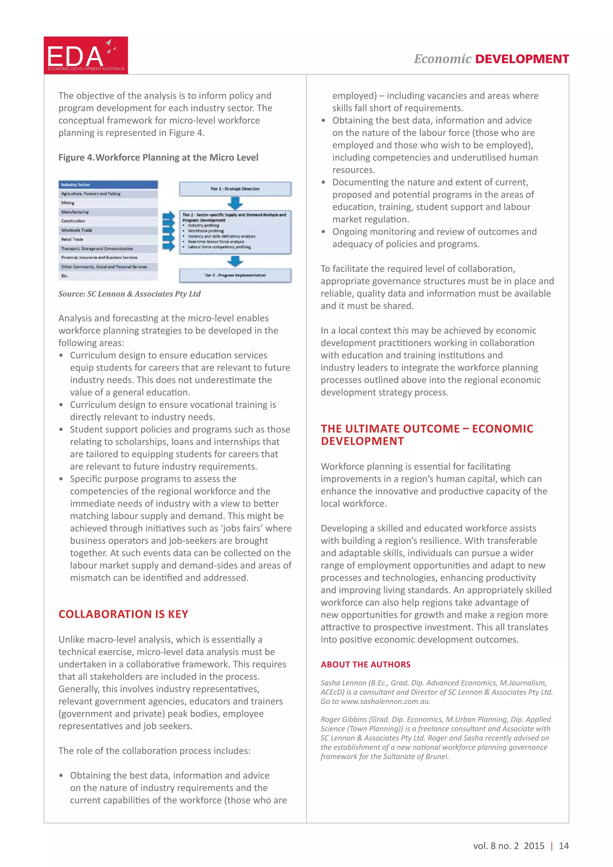 Economic DEVELOPMENT
program development for each industry sector. The
conceptual framework for micro-level workforce
planning is represented in Figure 4.
Source: SC Lennon & Associates Pty Ltd
workforce planning strategies to be developed in the
following areas:
equip students for careers that are relevant to future
directly relevant to industry needs.
• Student support policies and programs such as those
are tailored to equipping students for careers that
are relevant to future industry requirements.
competencies of the regional workforce and the
matching labour supply and demand. This might be
business operators and job-seekers are brought
together. At such events data can be collected on the
labour market supply and demand-sides and areas of
that all stakeholders are included in the process.
on the nature of industry requirements and the
employed) – including vacancies and areas where
skills fall short of requirements.
on the nature of the labour force (those who are
resources.
• Ongoing monitoring and review of outcomes and
adequacy of policies and programs.
appropriate governance structures must be in place and
and it must be shared.
In a local context this may be achieved by economic
industry leaders to integrate the workforce planning
processes outlined above into the regional economic
development strategy process.
DEVELOPMENT
local workforce.
Developing a skilled and educated workforce assists
with building a region’s resilience. With transferable
and improving living standards. An appropriately skilled
workforce can also help regions take advantage of
Go to www.sashalennon.com.au.
framework for the Sultanate of Brunei.
vol. 8 no. 2 2015 | 14
 