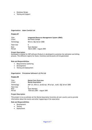 • Database Design
• Testing and Support
Organization: Adam ComSof Ltd
Project #7
Title Integrated Resource Management System (IRMS)
Client Barfiwala College
Technology VB 6.0, SQL Server 2000
Team Size 5
Role Team Member
Period March 2003 – August 2003
Project Description
Developed a module for ERP software Products is developed to automize the admission and billing
process. The different reports for Stock, Inventory and Accounts will be generated.
Role and Responsibilities
• Requirements Gathering
• Development
• Testing and deployment
Organization: Princetone Software’s (I) Pvt Ltd
Project #8
Title Dental Care Overview
Client Dental Association
Technology ASP 3.0, VB 6.0, JavaScript, VB script , AJAX, SQL Server 2000
Team Size 2
Role Team Member
Period February 2001 – August 2001
Project Description
This project is to co-ordinate all the Dental Association branches all over country and to provide
information about the events and other happenings of the association
Role and Responsibilities
• Development
• Testing
• Deployment
Page 6 of 7
 