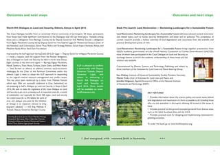 Book Pre-launch: Land Restoration — Reclaiming Landscapes for a Sustainable Future
Land Restoration: Reclaiming Landscapes for a Sustainable Future addresses solutions to land restoration
and related topics, such as human security, development, and water and air pollution. This compilation of
current research provides a holistic overview of land degradation and restoration from the scientiﬁc and
practical development points of view.
Land Restoration: Reclaiming Landscapes for a Sustainable Future brings together practitioners from
NGOs, academia, governments, and the United Nations Convention to Combat Desertiﬁcation (UNCCD),
most of whom have participated in the Caux Dialogue on Land and Security, to
exchange lessons to enrich the academic understanding of these issues and the
solution sets available.
Commissioned by Elsevier Science and Technology Publishing, and edited by
three members of the Initiatives for Land Lives and Peace Steering Group:
Ilan Chabay, Institute of Advanced Sustainability Studies, Potsdam, Germany;
Martin Frick, Chair of Initiatives for Land Lives and Peace, and
Jennifer Helgeson, Applied Economics Ofﬁce of the National Institute
of Standards and Technology (NIST)
KEY FEATURES
• Provides information about the science, policy, and social issues behind
land degradation and restoration in a form accessible to all,including those
who are not specialists in the topics, allowing full access to the issues at
hand
• Includes practical on-the-ground examples garnered from diverse areas,
such as the Sahel, Southeast Asia, and the U.S.A.
• Provides practical tools for designing and implementing restoration/re-
greening processes.
To order the book, go to www.landlivespeace.org.
North Rift Dialogue on Land and Security, Eldoret, Kenya in April 2016
The Caux Dialogue beneﬁts from an extremely diverse community of participants. Of these, participants
from Kenya have made signiﬁcant contributions to the Dialogues over the last three years. Notable among
these were a delegation from Baringo County, led by Deputy Governor H.E. Mathew Tuitoek; a delegation
from Elgeyo Marakwet County, led by Deputy Governor H.E. Gabriel Lagat; Dr Muhammad Swazuri, Chair of
the National Land Commission; Simon Thuo, Policy and Strategy Advisor, Social Impact Institute, Kenya, and
Matthew Kyalo,Africa Sand Dam Foundation.
Impressed by the ILLP approach during CDLS 2015,Dr Lagat — Deputy Governor of Elgeyo Marakwet County
— made a request, with full support from the Kenyan delegation,
that a Dialogue on Land and Security be held in north west Kenya.
Eight counties in this semi-arid region — Baringo, Elgeyo Marakwet,
Nandi, Samburu,Trans Nzoia,Turkana, Uasin Gishu and West Pokot
— have formed an alliance to address common socio-economic
challenges. As the Chair of the Technical Committee within this
alliance, Lagat is keen to adopt the ILLP approach in responding
to the region’s natural resource management and conﬂict issues.
This has since been reinforced by a letter from Mathew Tuitoek
which says: 'After our successful conference in Caux, Switzerland, we
are proposing to hold a Dialogue on Land and Security in Kenya in April
2016.We wish to invite the organizers of the Caux Dialogue on Land
and Security to join us in co-hosting such an important event for a variety
of stakeholders and especially the North Rift region. Land and security
are critical issues for us.We believe the spirit of
trust and dialogue promoted by the Initiatives
of Change is an important element to bring
long-term solutions.' — H.E. Eng. Mathew K.
Tuitoek, Deputy Governor, Baringo County.
Outcomes and next steps
Participants' comments: +++ I feel energised, with renewed faith in humanity. +++
ILLP is pleased to conﬁrm
a partnership with Deputy
Governor Tuitoek, Deputy
Governor Lagat, and
others in delivering a
North Rift Dialogue on
Land and Security in
April 2016. More details
will be available on www.
landlivespeace.org.
1110
Standing (l–r): Janet Jeruto, Grace Wambui Mwangi,
Kipng'etich Barmaasai, Meera Shah,Alan Channer.
Sitting (l–r): Kiprono Kemboi, Muhammad Swazuri,
Simon Thuo, Gabriel Lagat, Joseph Karanja.
Ilan Chabay
Outcomes and next steps
 