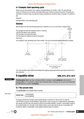 Part C Working capital management  4: Working capital 83
4.1 Example: Cash operating cycle
Wines Co buys raw materials from suppliers that allow Wines 2.5 months' credit. The raw materials
remain in inventory for one month, and it takes Wines two months to produce the goods. The goods are
sold within a couple of days of production being completed and customers take on average 1.5 months to
pay.
Required
Calculate Wines's cash operating cycle.
Solution
We can ignore the time that finished goods are in inventory, as it is no more than a couple of days.
Months
The average time that raw materials remain in inventory 1.0
Less the time taken to pay suppliers (2.5)
The time taken to produce the goods 2.0
The time taken by customers to pay for the goods 1.5
Cash cycle 2.0
The company's cash operating cycle is two months. This can be illustrated diagrammatically as follows.
Goods
purchased
Goods sold
to customers
Suppliers
paid
Cash received
from customers
Cash operating cycle
two months
0 2.5 3 4.5
The cash operating cycle is the period between the suppliers being paid and the cash being received from
the customers.
5 Liquidity ratios 6/08, 6/12, 6/13, 6/14
Working capital ratios may help to indicate whether a company is over-capitalised, with excessive
working capital, or if a business is likely to fail. A business which is trying to do too much too quickly with
too little long-term capital is overtrading.
5.1 The current ratio
The current ratio is the standard test of liquidity.
Current ratio =
Current assets
Current liabilities
A company should have enough current assets that give a promise of 'cash to come' to meet its
commitments to pay its current liabilities. Superficially, a ratio in excess of 1 implies that the organisation
has enough cash and near-cash assets to satisfy its immediate liabilities. However, interpretation needs to
be conducted with care. Too high a ratio implies that too much cash may be tied up in receivables and
inventories. What is 'comfortable' varies between different types of business.
Key term
FASTFORWARD
www.facebook.com/ng-books
ng-books.blogspot.com
n
g
-
b
o
o
k
s
.
b
l
o
g
s
p
o
t
.
c
o
m
 