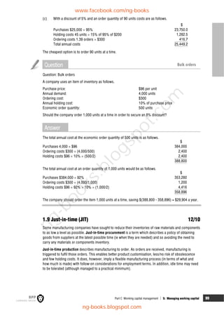 Part C Working capital management  5: Managing working capital 99
(c) With a discount of 5% and an order quantity of 90 units costs are as follows.
$
Purchases $25,000  95% 23,750.0
Holding costs 45 units  15% of 95% of $200 1,282.5
Ordering costs 1.39 orders  $300 416.7
Total annual costs 25,449.2
The cheapest option is to order 90 units at a time.
Question Bulk orders
Question: Bulk orders
A company uses an item of inventory as follows.
Purchase price: $96 per unit
Annual demand: 4,000 units
Ordering cost: $300
Annual holding cost: 10% of purchase price
Economic order quantity: 500 units
Should the company order 1,000 units at a time in order to secure an 8% discount?
Answer
The total annual cost at the economic order quantity of 500 units is as follows.
$
Purchases 4,000  $96 384,000
Ordering costs $300  (4,000/500) 2,400
Holding costs $96  10%  (500/2) 2,400
388,800
The total annual cost at an order quantity of 1,000 units would be as follows.
$
Purchases $384,000  92% 353,280
Ordering costs $300  (4,000/1,000) 1,200
Holding costs $96  92%  10%  (1,000/2) 4,416
358,896
The company should order the item 1,000 units at a time, saving $(388,800 - 358,896) = $29,904 a year.
1.9 Just-in-time (JIT) 12/10
Some manufacturing companies have sought to reduce their inventories of raw materials and components
to as low a level as possible. Just-in-time procurement is a term which describes a policy of obtaining
goods from suppliers at the latest possible time (ie when they are needed) and so avoiding the need to
carry any materials or components inventory.
Just-in-time production describes manufacturing to order. As orders are received, manufacturing is
triggered to fulfil those orders. This enables better product customisation, less/no risk of obsolescence
and few holding costs. It does, however, imply a flexible manufacturing process (in terms of what and
how much is made) with follow-on considerations for employment terms. In addition, idle time may need
to be tolerated (although managed to a practical minimum).
www.facebook.com/ng-books
ng-books.blogspot.com
n
g
-
b
o
o
k
s
.
b
l
o
g
s
p
o
t
.
c
o
m
 