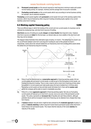 Part C Working capital management  6: Working capital finance 137
(b) Permanent current assets are the amount required to meet long-term minimum needs and sustain
normal trading activity; for example, inventory and the average level of accounts receivable.
(c) Fluctuating current assets are the current assets which vary according to normal business activity;
for example, due to seasonal variations.
Fluctuating current assets together with permanent current assets form part of the working capital of the
business, which may be financed by either long-term funding (including equity capital) or by current
liabilities (short-term funding).
6.5 Working capital financing policy 12/09
There are different ways in which the funding of the current and non-current assets of a business can be
achieved by employing long- and short-term sources of funding.
Short-term sources of funding are usually cheaper and more flexible than long-term ones. However,
short-term sources are riskier for the borrower, as interest rates are more volatile in the short term and
they may not be renewed.
The diagram below illustrates three alternative types of policy: A, B and C. The dotted lines A, B and C are
the cut-off levels between short-term and long-term funding for each of the policies A, B and C
respectively: assets above the relevant dotted line are financed by short-term funding while assets below
the dotted line are financed by long-term funding.
Fluctuating
current assets
Permanent
current assets
Non-current assets
Time
B
C
A
Assets
($)
0
(a) Policy A can be characterised as a conservative approach to financing working capital. All non-
current assets and permanent current assets, as well as part of the fluctuating current assets, are
financed by long-term funding. There is only a need to call on short-term financing at times when
fluctuations in current assets push total assets above the level of dotted line A. At times when
fluctuating current assets are low and total assets fall below line A, there will be surplus cash
which the company will be able to invest in marketable securities.
(b) Policy B is a more aggressive approach to financing working capital. Not only are fluctuating
current assets all financed out of short-term sources, but so are some of the permanent current
assets. This policy represents an increased risk of liquidity and cash flow problems, although
potential returns will be increased if short-term financing can be obtained more cheaply than long-
term finance.
(c) A balance between risk and return might be best achieved by the moderate approach of policy C, a
policy of maturity matching in which long-term funds finance permanent assets while short-term
funds finance non-permanent assets. This means that the maturity of the funds matches the
maturity of the assets.
www.facebook.com/ng-books
ng-books.blogspot.com
n
g
-
b
o
o
k
s
.
b
l
o
g
s
p
o
t
.
c
o
m
 